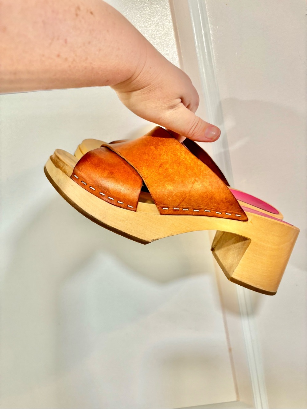 Swedish Hasbeens Anette High Tan Crossband Leather Clogs - Picture 16 of 16